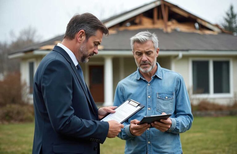 A couple reviews insurance documents at their kitchen table, appearing focused and concerned about the paperwork.